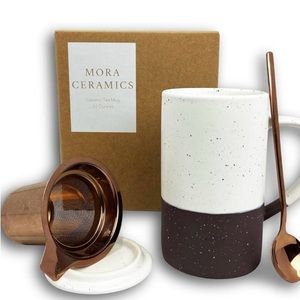 NWOT- Mora Ceramics Tea Cup, Loose Leaf Infuser, Spoon & Lid, Strainer, 12 oz